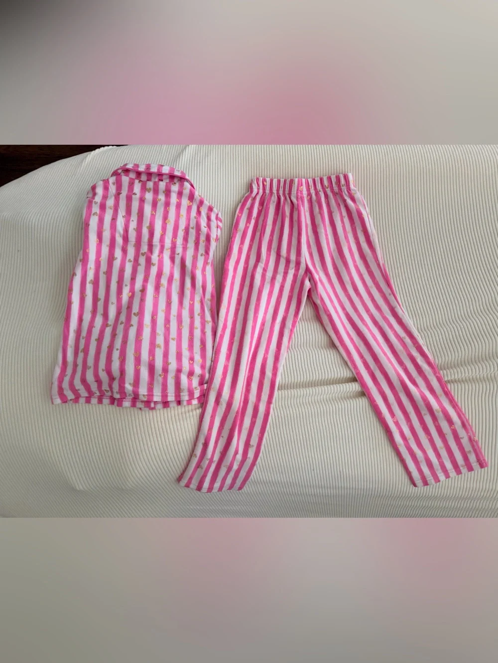Max & Olivia Girls Pink Striped Fleece Pajama Set Size 7/8 Gold Hearts